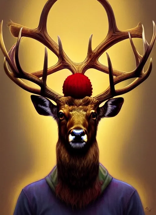 Image similar to symmetry!! portrait of antlered deer wearing a colorful beanie!, gold piercings, intricate, elegant, highly detailed, digital painting, artstation, concept art, smooth, sharp focus, illustration, art by artgerm and greg rutkowski and alphonse mucha, 8 k