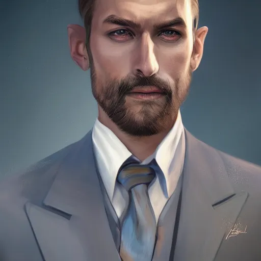 Prompt: a painting of a man in a coat and tie, an ultrafine detailed painting by Kaja Foglio, cgsociety, shock art, 2d game art, quantum wavetracing, digital illustration