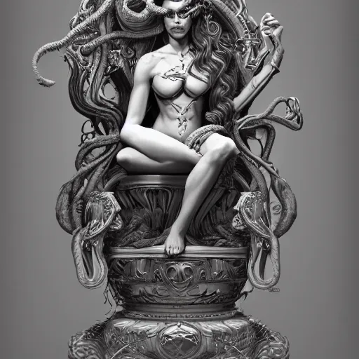 Image similar to intricate detailed artwork of medusa sat on a throne. concept art, artstation, deviantart, cgsociety. 4 k