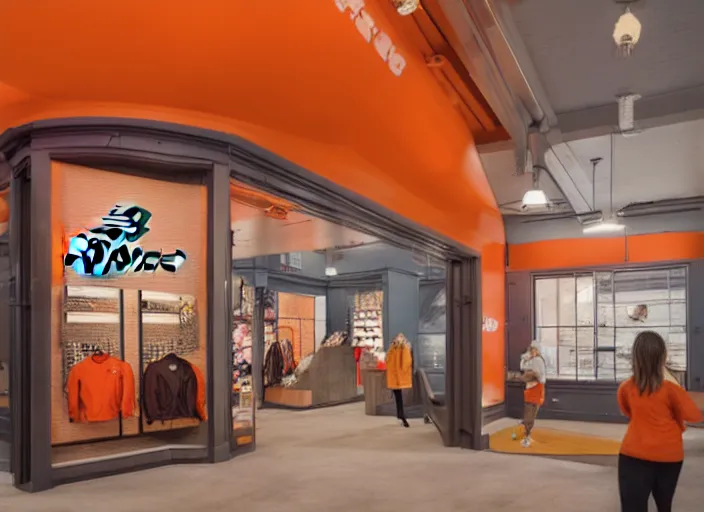 Image similar to New Balance Pop Up store, orange details, wood interior of staten ferry, nautical windows, cinematic lighting