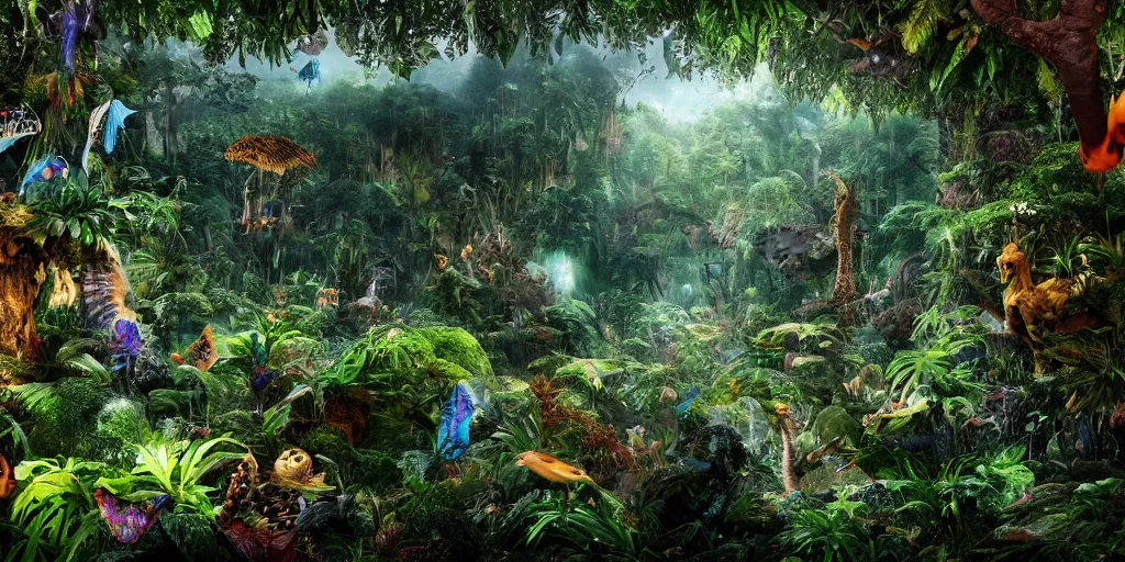 Image similar to extra wide view. a marvelous magic forest jungle inhabited with fantastic creatures. iridescent. annihilation. hyper - detailed. hyperreal. unreal render.