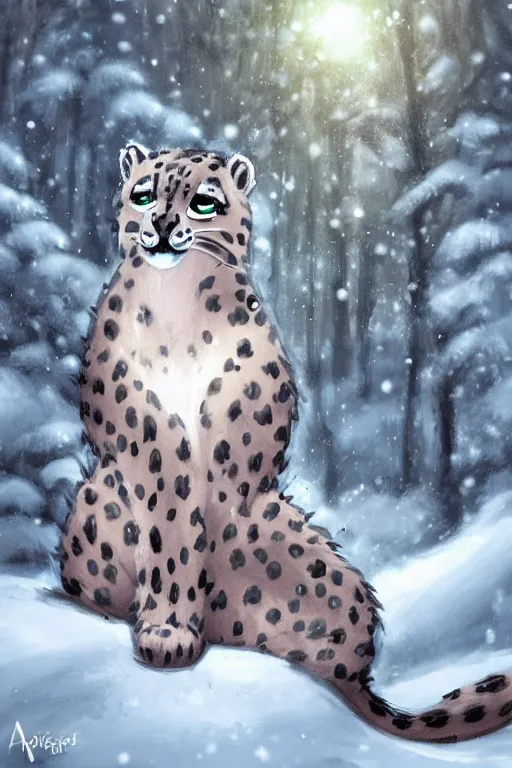 Image similar to a pretty medieval anthropomorphic snow leopard with a fluffy tail in the forest, comic art, trending on furaffinity, cartoon, kawaii, backlighting, furry art!!!, radiant light, bokeh, trending on artstation, digital art