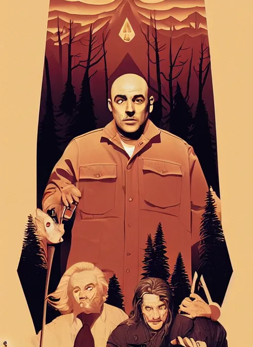 Image similar to Twin Peaks poster artwork by Michael Whelan, by Bob Larkin and Tomer Hanuka, Karol Bak of portrait of Joe Rogan the local lumberjack, from scene from Twin Peaks, clean, simple illustration, nostalgic, domestic