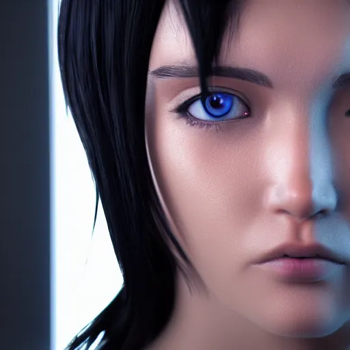 Image similar to « portrait, attractive, blue eyes, black hair, middle length hair, ghost in the shell, front view, unreal engine 5 »