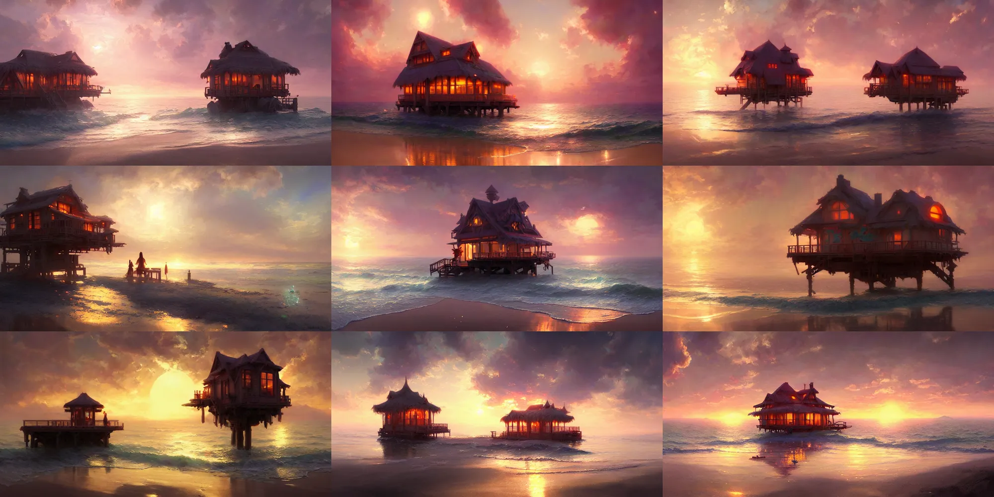 Prompt: magical fantasy floating beach house at sunset, highly detailed, lens flare, bloom, fantasy, digital painting, concept art, matte, art by ruan jia and wlop and greg rutkowski and makoto shinkai, masterpiece