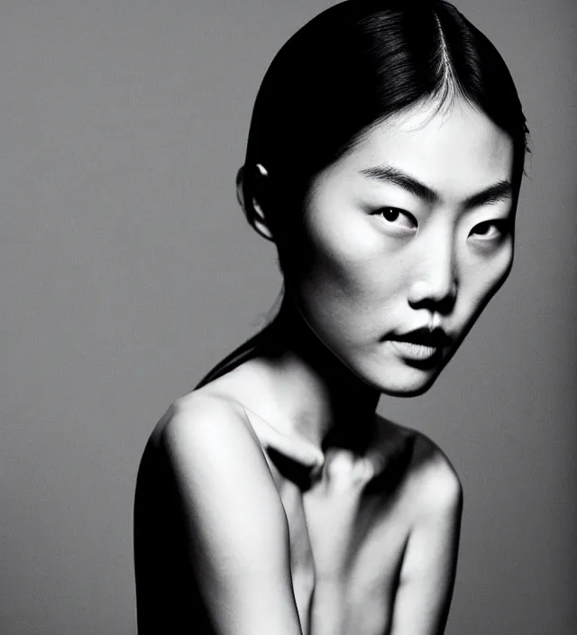 Image similar to photography facial portrait of liu wen, natural background, sensual lighting, natural fragile pose, wearing stunning cloth creation by iris van herpen, with a colorfull makeup. highly detailed, skin grain detail, photography by paolo roversi, nick knight, helmut newton, avedon, araki