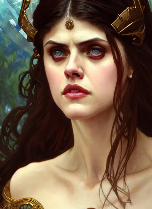 Image similar to alexandra daddario as queen, incredibly detailed face, light half opened dress, true anatomy, art by artgerm and greg rutkowski and alphonse mucha