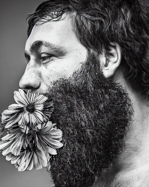 Prompt: a man's face in profile, long beard, flowers spraying out of his mouth, in the style of the Dutch masters and Gregory Crewdson, dark and moody