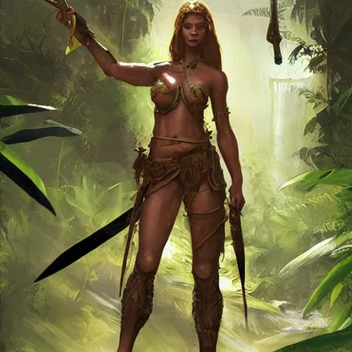 Image similar to a beautiful warrior woman with a legendary sword, detailed, jungle, by craig mullins _ w 7 0 0