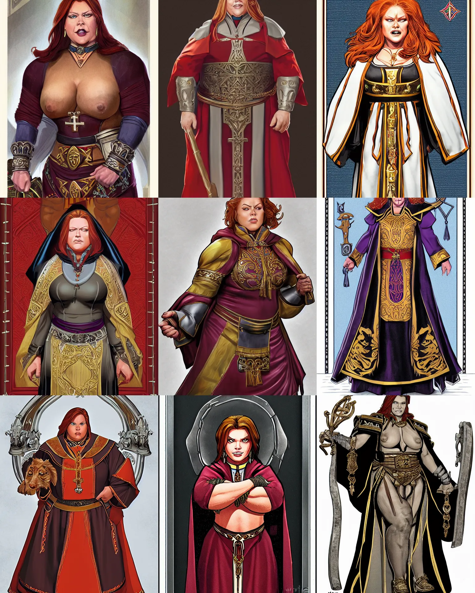 Prompt: symmetrical portrait of a muscular overweight redheaded woman in clerical vestments, iconic character art by Wayne Reynolds for Paizo Pathfinder RPG