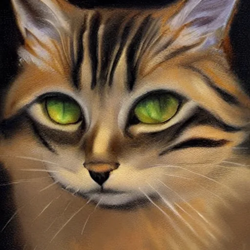 Image similar to ultra realistic portrait painting of cat, art by frank frazetta, 4 k, ultra realistic, highly detailed, epic lighting