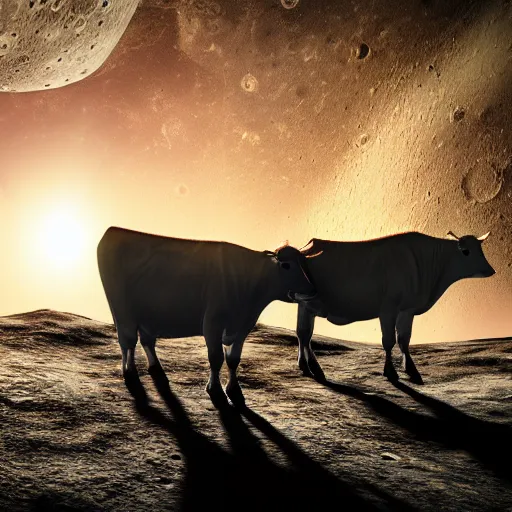 Image similar to realistic picture of cows on the moon, sunlight, detailed, realism, glow, 8k,