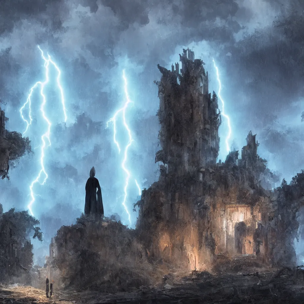 Image similar to a still of a cloaked figure standing in the ruins of crux prime, monastery, there is lightning, blue fiery maelstrom in the distance, it is raining, digital art, artstationhq