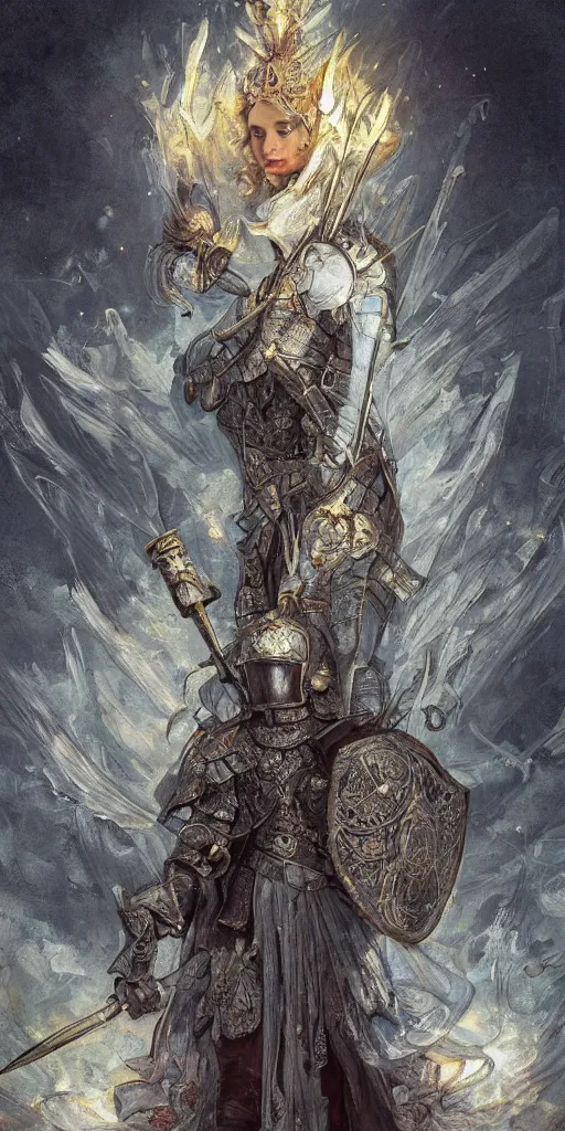 Prompt: breathtaking detailed soft painting of white knight in armor, gauze dress of fireflies and art nouveau sallet of embers, rembrandt style, detailed art nouveau stained glass, christian saint flame rosace, elegant, highly detailed, artstation, concept art, matte, sharp focus, art by Anato Finnstark, Artgerm and Greg Rutkowski