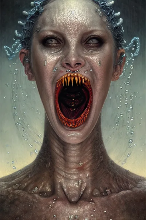 Prompt: pearlescent lilith the mother of all monsters angry, snake coming out of her mouth, fangs!! & claws!, raining ash, fine art masterpiece, highly detailed dino valls wayne barlowe machiej kuciara, dramatic lighting, long shot, wide angle, uhd 8 k, sharp focus