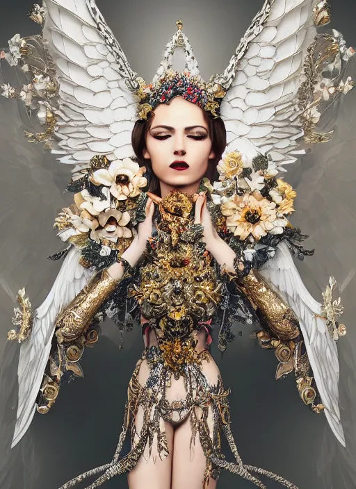 Prompt: expressive full body photo of an angel, ornate headpiece made from flowers, ornaments, glamour shot, by karol bak, photorealistic, canon r 3, fashion photography, hyper maximalist, elegant, ornate, luxury, elite, environmental portrait, symmetrical features, octane render, unreal engine, solid dark grey background, dramatic lights
