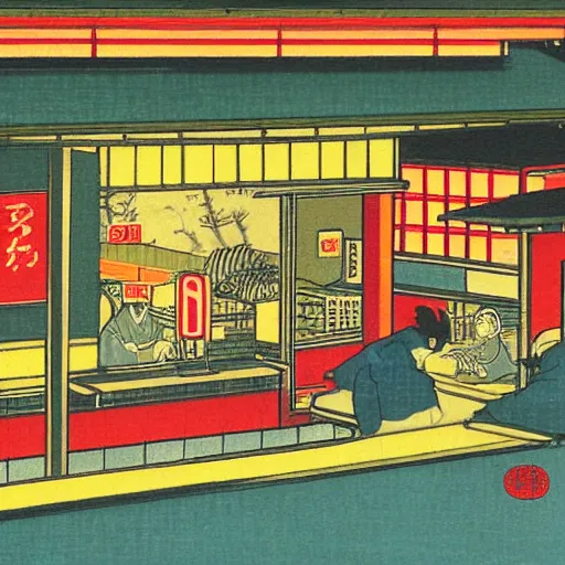 Image similar to A McDonalds at night, by Tsukioka Yoshitoshi