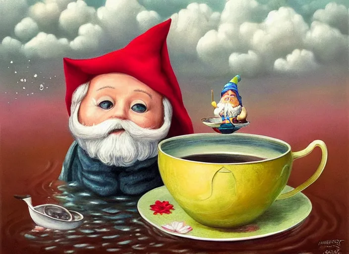 Image similar to a garden gnome sailing in a teacup, whimsical background of a reflective pond on a sunny day with dramatic clouds, an ultrafine detailed painting by mark ryden, trending on deviantart, pop surrealism, whimsical, lowbrow, joyous, perfect cute face