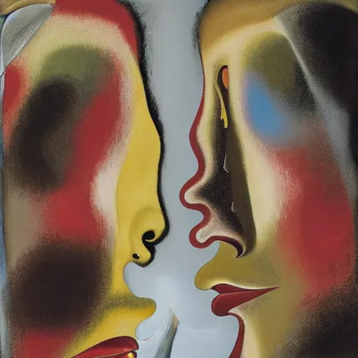 Image similar to Oil painting by Roberto Matta. Two mechanical gods kissing. Close-up portrait by Marlene Dumas. Dali.