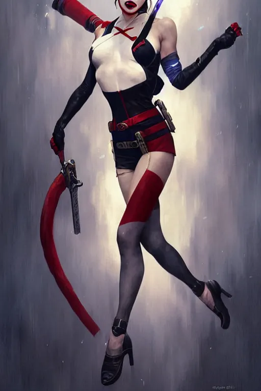 Image similar to aeon flux as Harley Quinn picture by Greg Rutkowski, dynamic pose, flawless, matte painting, intricate, fantasy concept art, elegant, by Stanley Artgerm Lau, WLOP, golden ratio, thomas kindkade, alphonse mucha, loish, Peter chung, norman Rockwell,