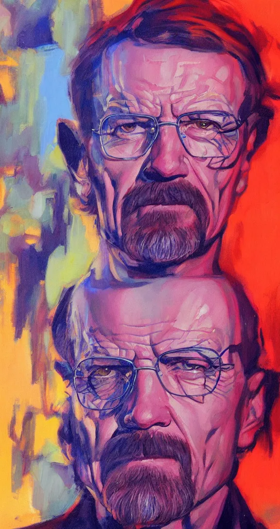 Image similar to a highly detailed beautiful portrait of walter white, neon lights, by gregory manchess, james gurney, james jean