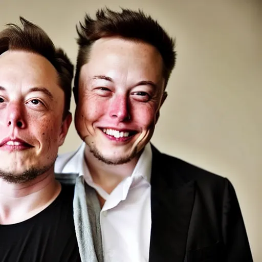 Image similar to A portrait photo of Elon Musk teams up with a teenage Elon Musk, perfect faces, 50 mm, award winning photography