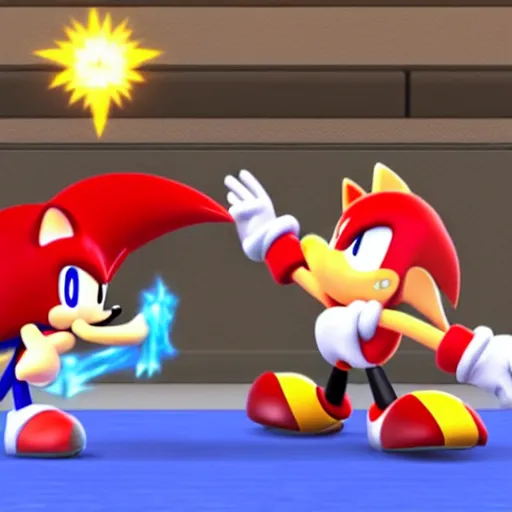 Prompt: Sonic fighting Kirby in super smash bros