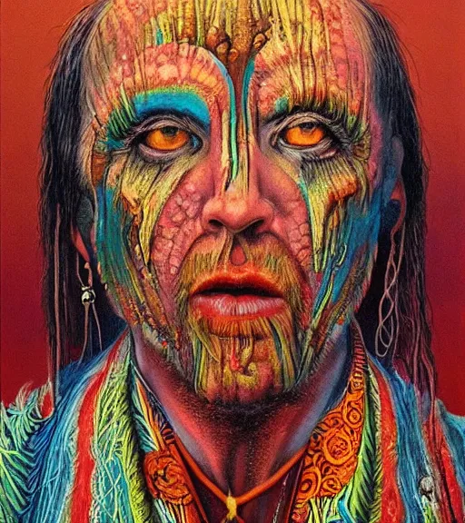 Image similar to Portrait painting in a style of Beksinski mixed with Alex Grey of an old shaman dressed in a colorful traditional clothes. Very psychodelic