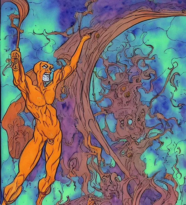 Image similar to a watercolor ink painting of scooby - doo as the primordial eldritch god of natural - disasters in the style of jean giraud in the style of moebius trending on artstation deviantart pinterest detailed realistic hd 8 k high resolution