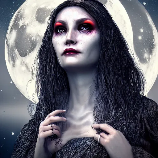 Image similar to portrait of a witch, jaw dropping beauty, moonlit, dark, glowing background lighting, hyper detailed, horror fairy tale, 4 k octane render