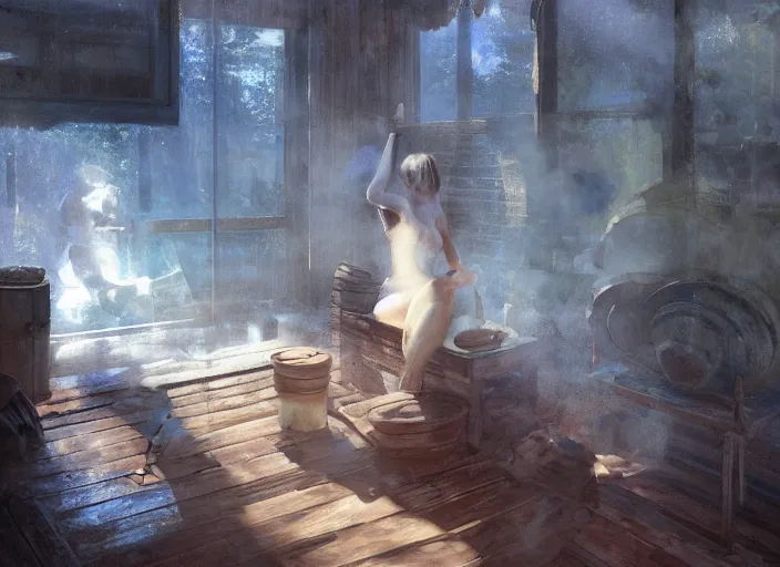 Image similar to russian banya, russian sauna, steam, dressed!!! girls, painting by craig mullins, octane rendering, soft morning lighting, wide angle lens, in the style of hayao miyazaki, trending on artstation,