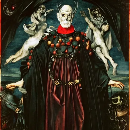 Image similar to george clooney as a lich necromancer, made by caravaggio, peter paul rubens, diego velazquez, rossdraws, jan van eyck, max ernst, ernst haeckel, ernst fuchs