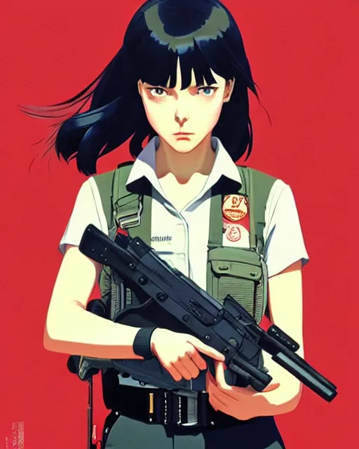 Image similar to girl wearing uniform, holding gun | | audrey plaza, fine detail!! anime!! realistic shaded lighting!! dramatic!! poster by ilya kuvshinov katsuhiro otomo ghost - in - the - shell, magali villeneuve, artgerm, jeremy lipkin and michael garmash and rob rey