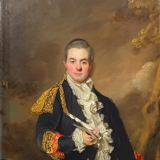 Prompt: oil painting by gainsborough of a gentleman in 1 8 th century uniform preforming sabrage with a saber and a bottle of champagne