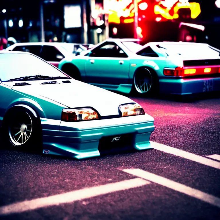 Image similar to close-up-photo Toyota Celica turbo illegal street meet, detailed-wheels, Shibuya Shibuya, cinematic colors, photorealistic, highly detailed, night photography