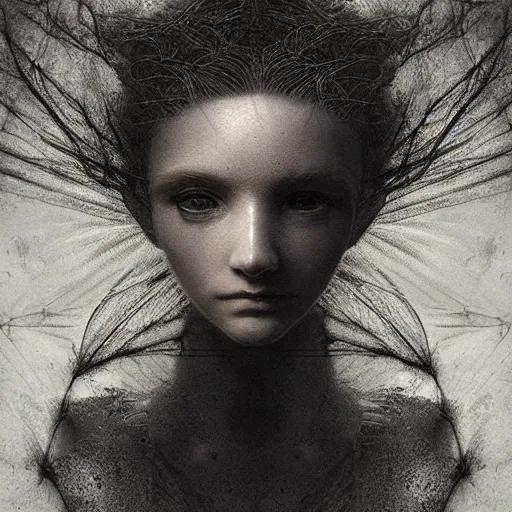 Image similar to masterpiece portrait of an angel, wires everywhere, dust, gustav dore, zdzislaw beksinksi, Ross Tran