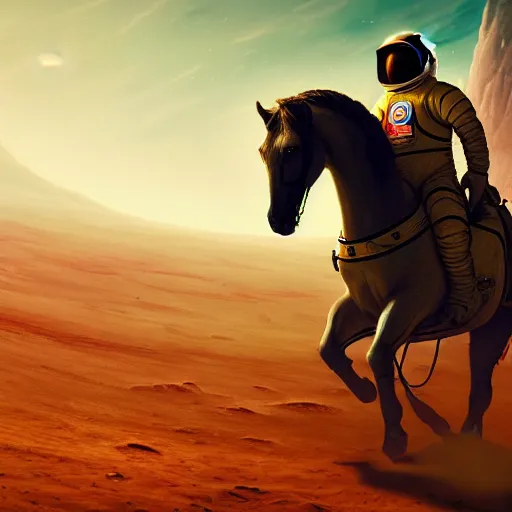 Image similar to centered portrait of the Astronaut riding a Horse on the moon, realistic character concept, high fantasy, light atmosphere, golden ratio, wide shot, cinematic lighting, hyperdetailed, high detailed, high resolution, insanely detailed and intricate, artstation, Marc Simonetti, Greg Rutkowski, octane render, unreal engine, 8k