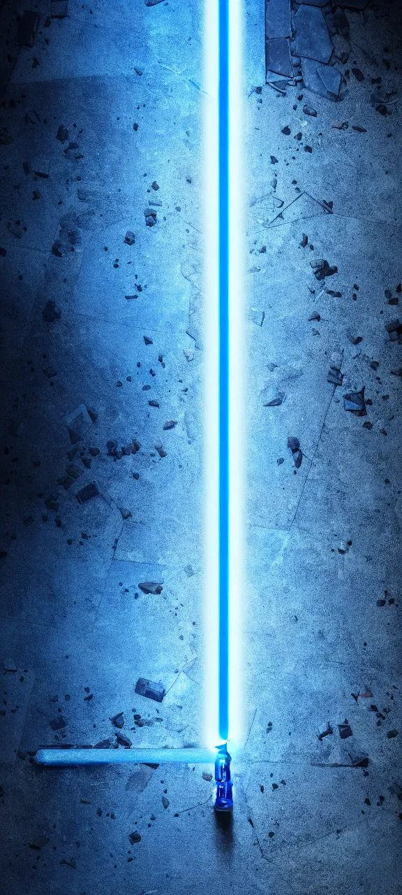 Image similar to detailed cinematic render, of a blue cyberpunk lightsaber lying vertically on a detailed abandoned shrine floor, in a dark room, photo from above, octane render 8 k, digital art, lightsaber wallpaper 4 k, ray tracing, jedi fallen order lightsaber wallpaper 4 k, cal kestis lightsaber wallpaper