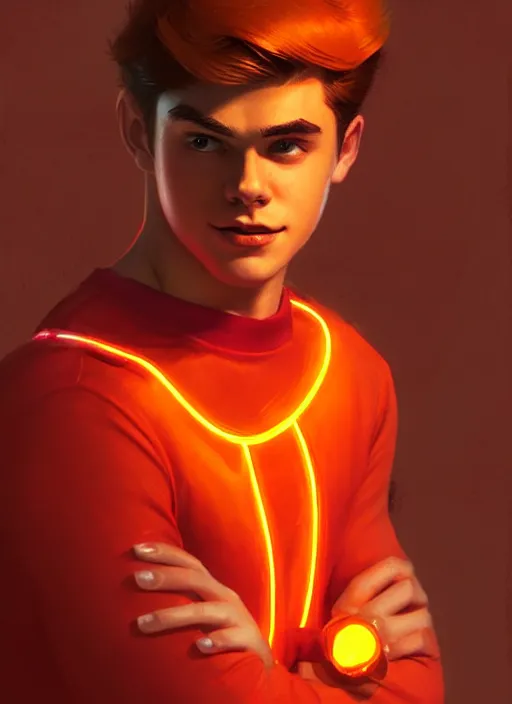 Image similar to teenage archie andrews wearing an orange superhero costume, intricate, elegant, glowing lights, highly detailed, digital painting, artstation, sharp focus, illustration, art by wlop, mars ravelo and greg rutkowski