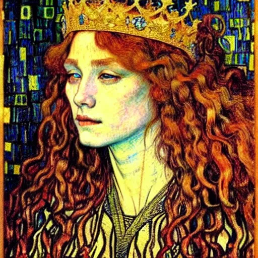 Image similar to detailed realistic beautiful young medieval queen face portrait by jean delville, gustav klimt and vincent van gogh, art nouveau, symbolist, visionary, gothic, pre - raphaelite, beautiful muted earthy colors