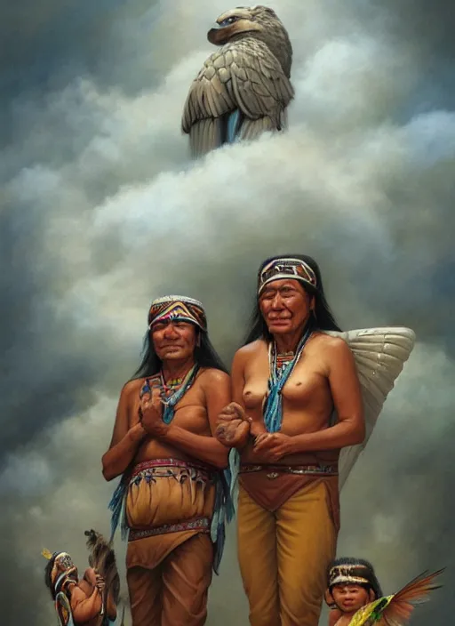 Image similar to faces of indigenous amazonian grandfathers and grandmothers spirits in the clouds, smiling, protection, benevolence, ancestors, detailed faces, art by christophe vacher