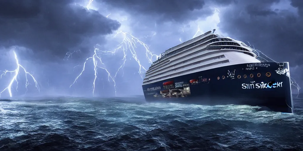 Image similar to the cruise ship sinken lying on its side in sea, dark, storm, thunderstorm unreal engine Hight detailed An epic fantastic realism dinamic lighting