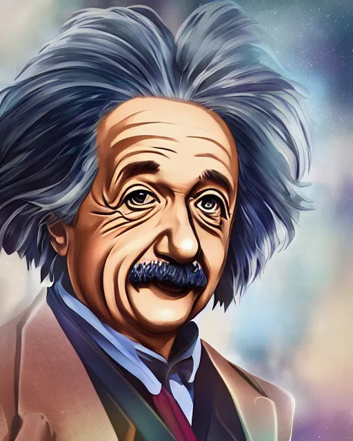 Image similar to A photo of Albert Einstein as an anime girl, highly detailed, trending on artstation, bokeh, 90mm, f/1.4