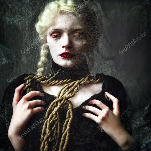 Prompt: dark schizophrenia portrait, death not dresses body woman in medieval dress, strangled with rope, blur effect face, victorian style, high detail