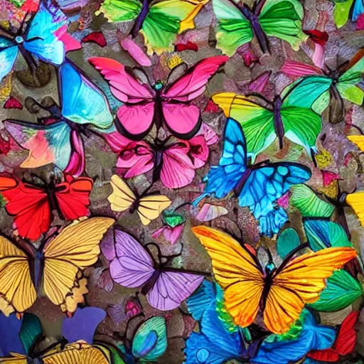 Prompt: A large sculpture with colorful butterflies over a picture on it.