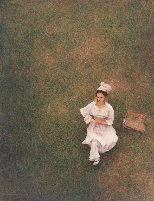 Image similar to lolita on a village, high angle view, portrait, Cinematic focus, Polaroid photo, vintage, neutral colors, soft lights, foggy, by Steve Hanks, by Serov Valentin, by lisa yuskavage, by Andrei Tarkovsky 8k render, detailed, oil on canvas