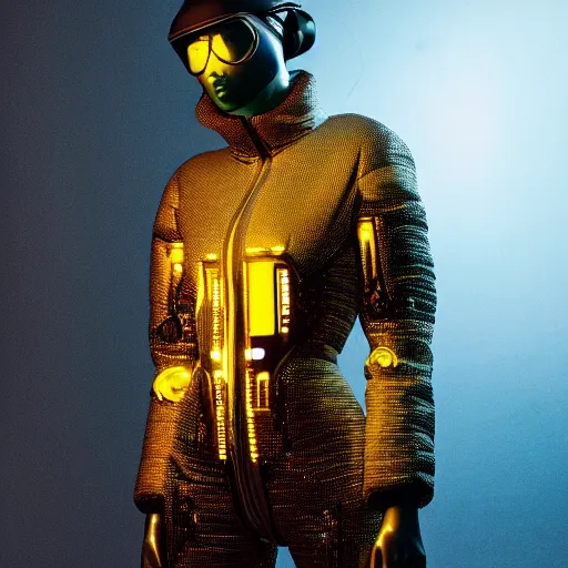 Image similar to a intricate, beautiful mannequin designed by hans boodt, ash thorp, wearing a futuristic cyberpunk garment, puffy jacket, shiny trousers, cinematic lighting, fashion photography