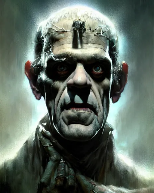 Image similar to portrait of boris karloff's frankenstein, fantasy character portrait, ultra realistic, concept art, intricate details, highly detailed by greg rutkowski, gaston bussiere, craig mullins, simon bisley