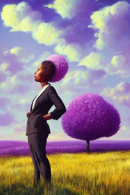 Image similar to portrait, giant lilac flower as head, black woman in suit in heather field, surreal photography, golden hour, colorful clouds, impressionist painting, digital painting, artstation, simon stalenhag