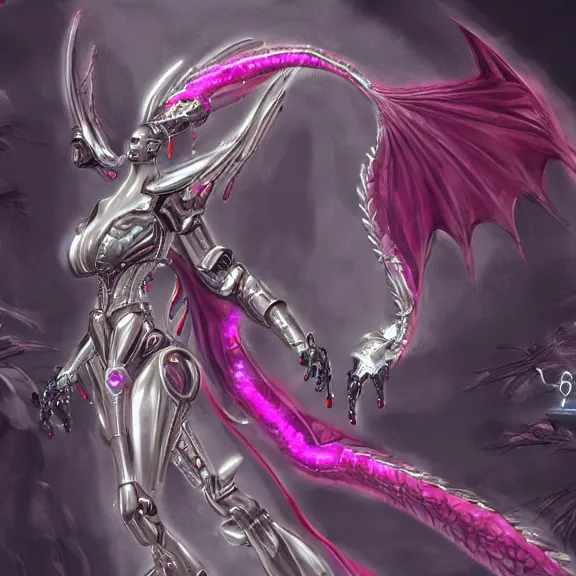 Image similar to extremely detailed fanart of a goddess that's a giant beautiful anthropomorphic robot female dragon, elegant pose, shiny silver metal armor, fuchsia skin, digital art, furry art, furaffinity, DeviantArt, 8k HD